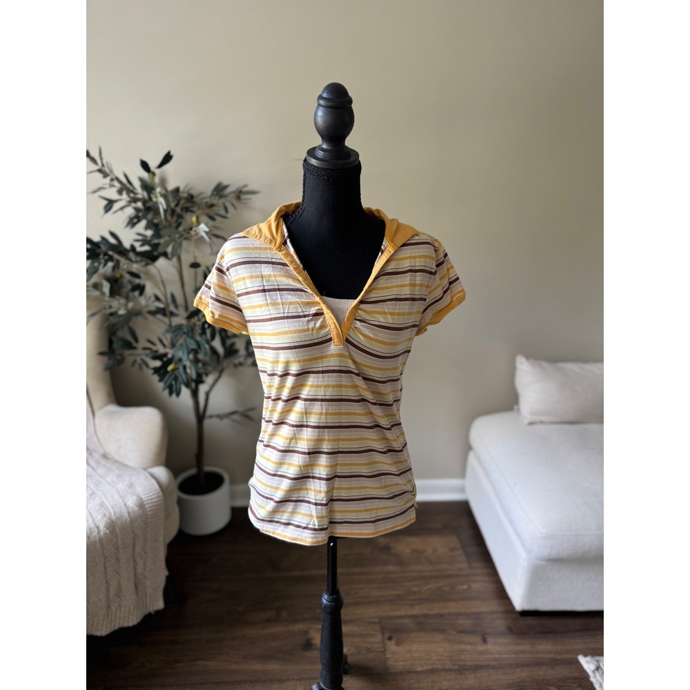 Bugle Boy For Her Yellow Brown Striped Short Sleeve Hooded Top Large